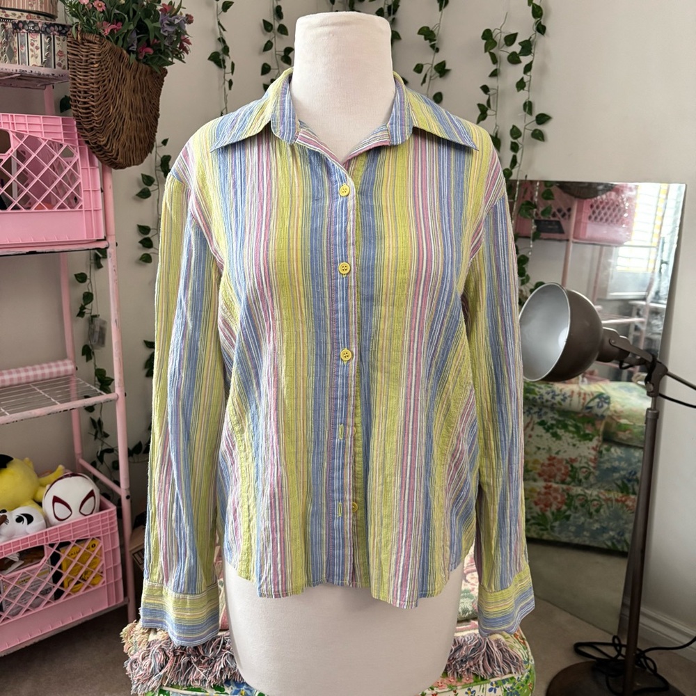 Y2K FDJ French Dressing Striped Button Up Top Pastel Sparkle Blouse Size 8